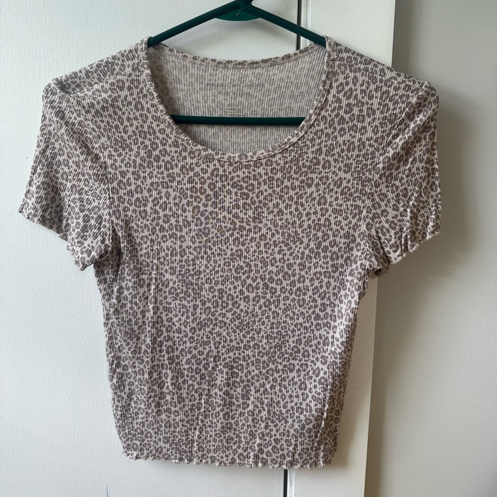 American Eagle Outfitters Tan and Brown Fitted Short Sleeve Tee